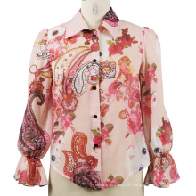 Custom 2020 Floral Printed Long Sleeves Satin Shirts Casual Blouses Tops For Women